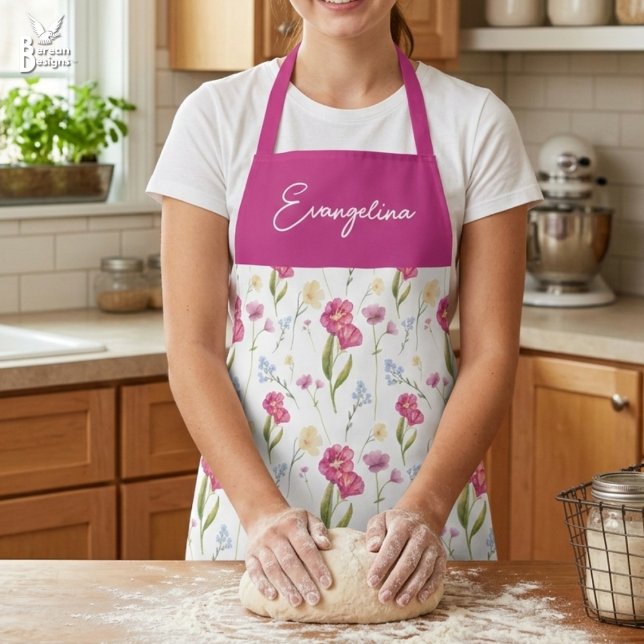 Pink Purple Watercolor Wildflower Custom Name Schürze (Personalized wildflower boho apron with pink panel and customizable name. Ideal for home chef gift)