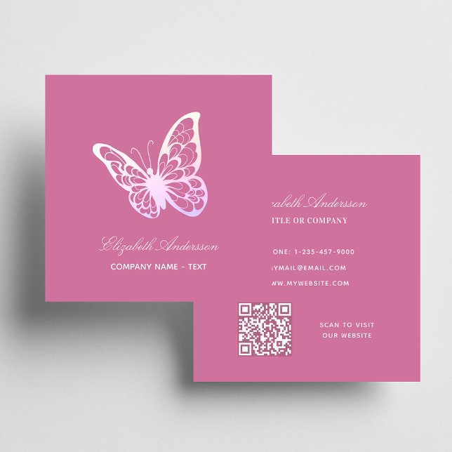 Pink QR Code Schmetterling elegant Quadratische Visitenkarte (Von Creator hochgeladen)