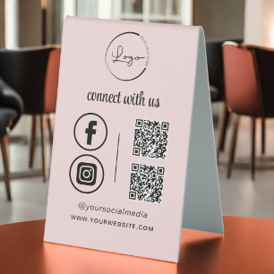Pink QR Connect with US Business Logo Social Media Tischaufsteller