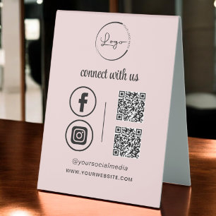 Pink QR Connect with US Business Logo Social Media Tischaufsteller