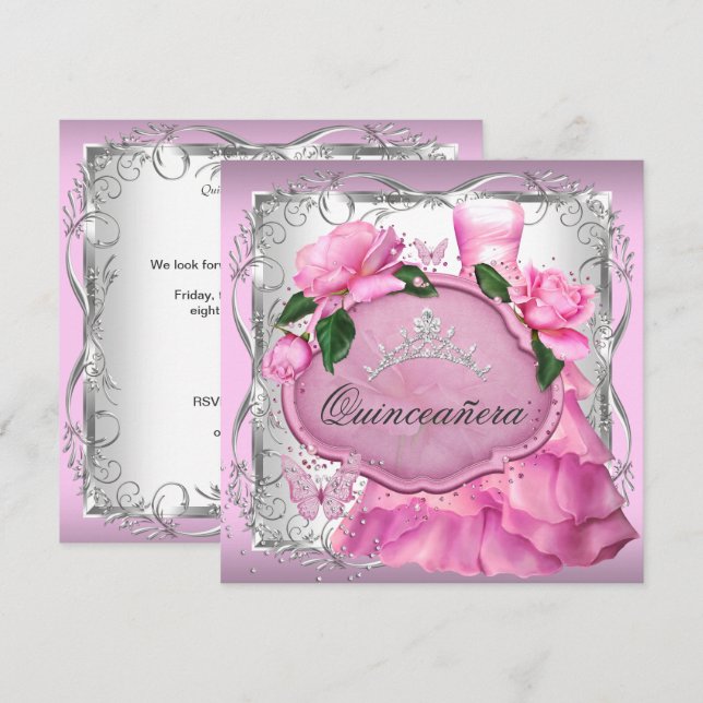 Pink Quinceanera 15. Party Rose Tiara Einladung (Vorne/Hinten)