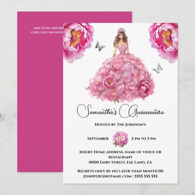 Pink Quinceañera Ballgown Peony Blume Einladung (Vorne/Hinten)