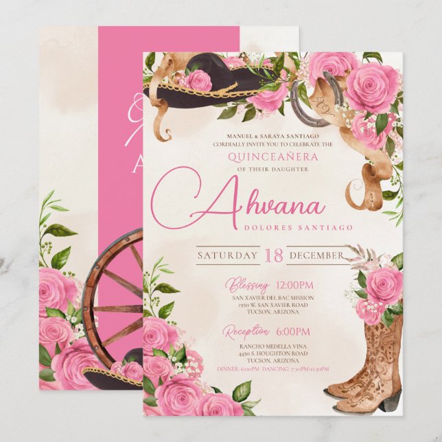 Pink Quinceañera Charro Western Rose Einladung (Vorne/Hinten)
