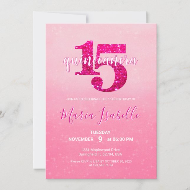 Pink Quinceañera Einladung zum 15. Geburtstag (Vorderseite)