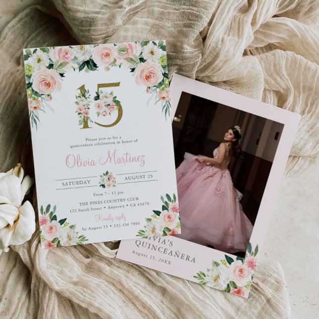 Pink Quinceañera Geburtstag Einladung Foto Blumen (Von Creator hochgeladen)