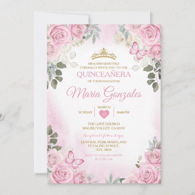 Pink Quinceañera Goldkrone Mexikos Schmetterling Einladung (Vorderseite)