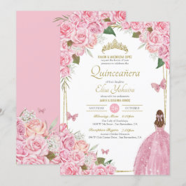 Pink Quinceanera Rose Quince Gown Butterfly Einladung
