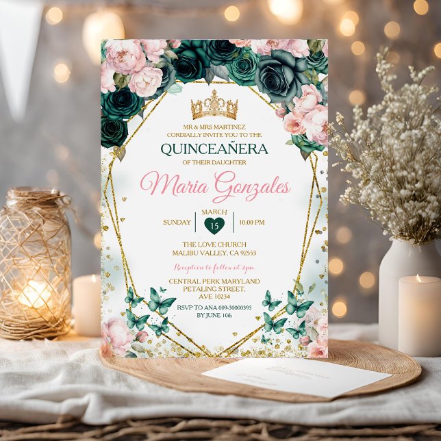 Pink Quinceañera Smaragdgrüner mexikanischer Schme Einladung (Von Creator hochgeladen)