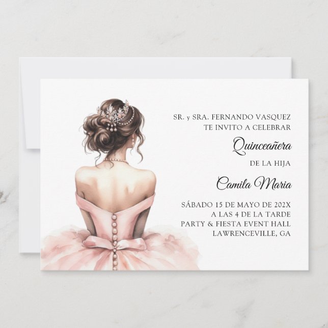 Pink Quinceañera Spanische Einladung (Vorderseite)