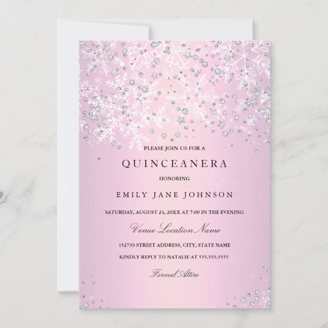 Pink Quinceanera Winter Wonderland Schneeflocken Einladung (Vorderseite)