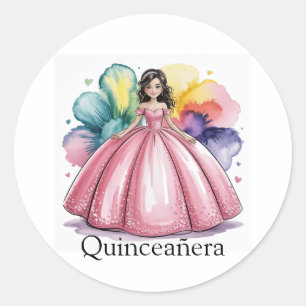 Pink Quinceñera Ball Gown Art Runder Aufkleber