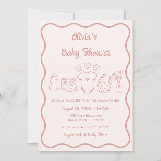 Pink Quirky Hand Drawn Wavy Frame Girl Babydusche Einladung (Vorderseite)