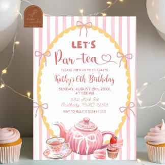 Pink Quirky Illustration Let's Par-Tea Birthday Einladung