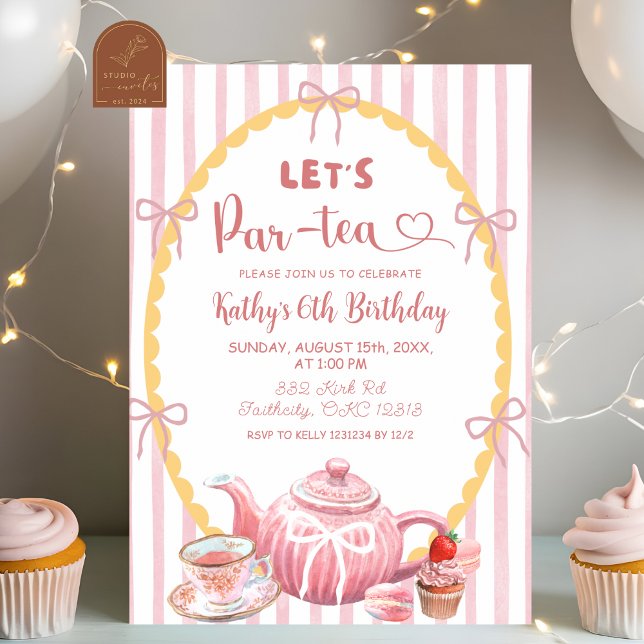 Pink Quirky Illustration Let's Par-Tea Birthday Einladung (Von Creator hochgeladen)