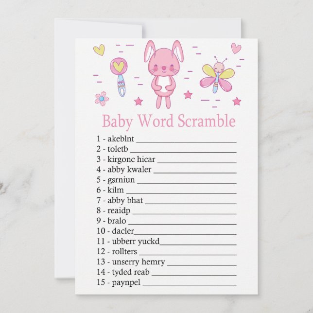 Pink Rabbit Baby Word Scramgame Einladung (Vorderseite)