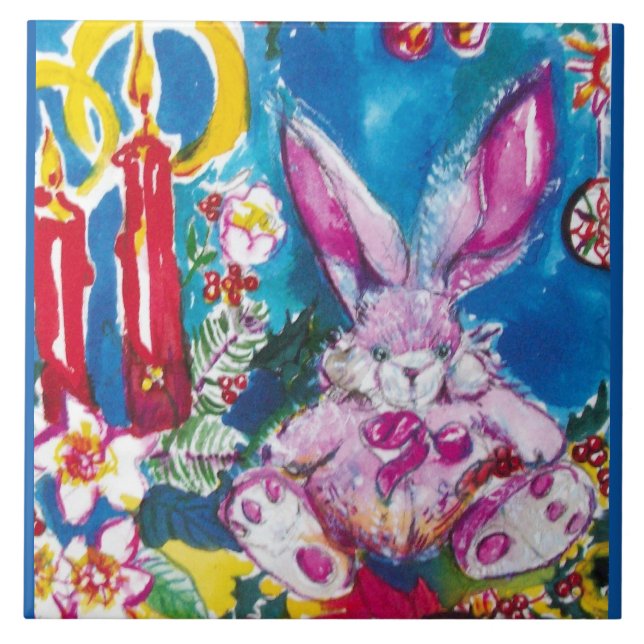 PINK RABBIT, CHRISTMAS CANDLES UND HOLLYBERRIES FLIESE (Vorderseite)