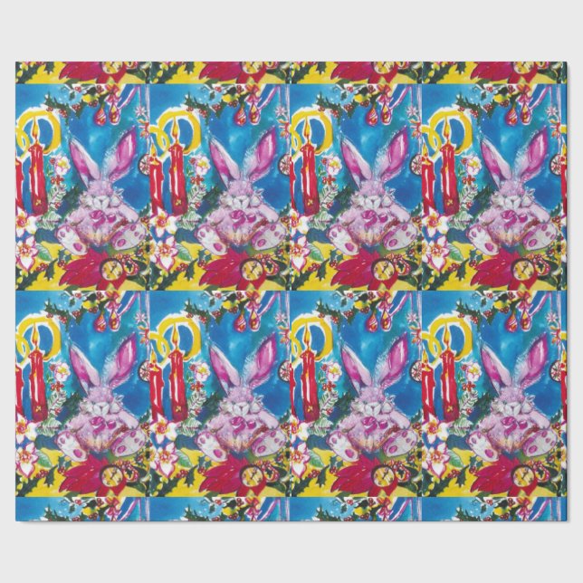 PINK RABBIT, CHRISTMAS CANDLES UND HOLLYBERRIES GESCHENKPAPIER (Saum)