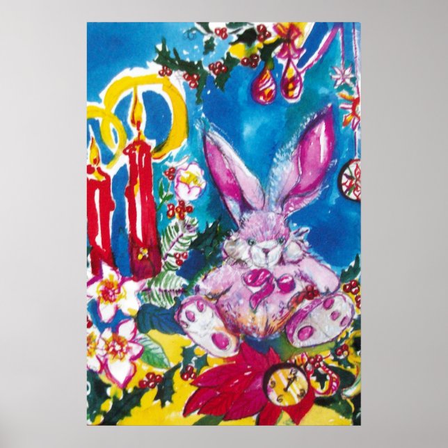 PINK RABBIT, CHRISTMAS CANDLES UND HOLLYBERRIES POSTER (Vorne)