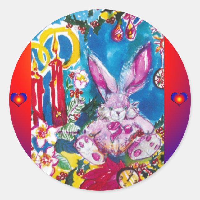 PINK RABBIT, CHRISTMAS CANDLES UND HOLLYBERRIES RUNDER AUFKLEBER (Vorderseite)