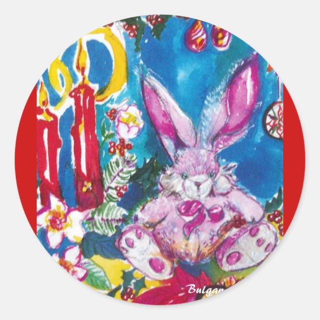 PINK RABBIT, CHRISTMAS CANDLES UND HOLLYBERRIES RUNDER AUFKLEBER (Vorderseite)