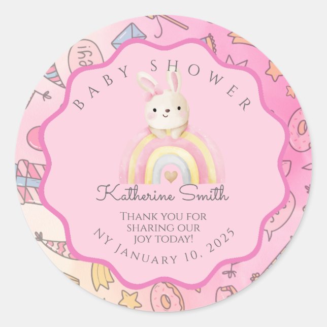 pink rabbit cute baby shower runder aufkleber (Vorderseite)