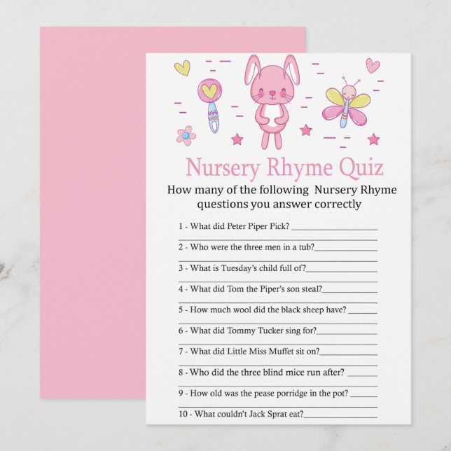 Pink Rabbit Kinderzimmer Rhyme Quiz Kinderduschens Einladung (Vorne/Hinten)