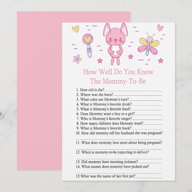 Pink Rabbit WIE GUT KENNST DU Baby-Dusche-Spiel Einladung (Vorne/Hinten)
