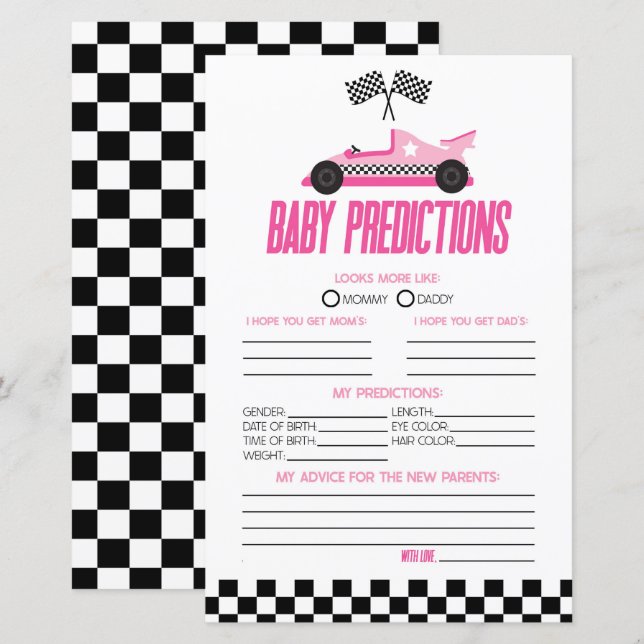Pink Race Car Baby Shower Predictions Spiel (Vorne/Hinten)