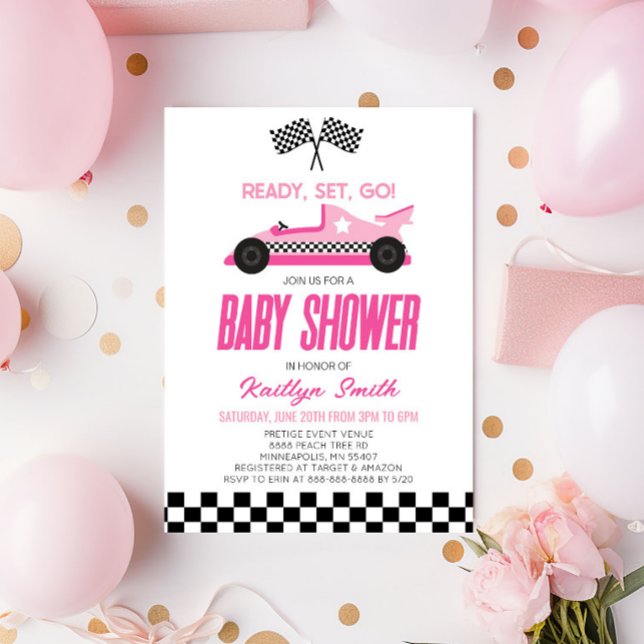 Pink Race Car Checkered Race Flag Babydusche Einladung (Von Creator hochgeladen)