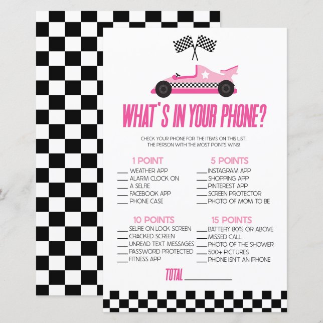 Pink Race Car in Ihrem Telefon Baby Dusche Spiel (Vorne/Hinten)