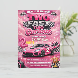 Pink Racing Car Two Fast Two Curious 2nd Birthday  Einladung