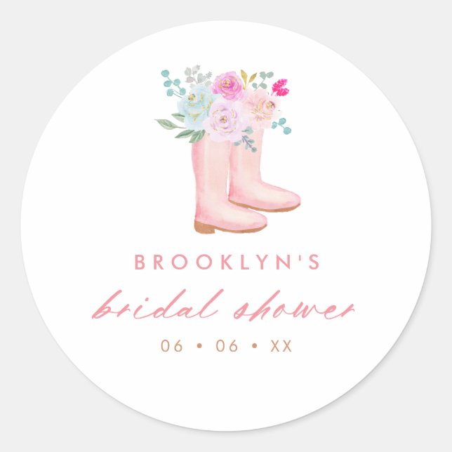 Pink Rain Stiefel & Blume Brautparty Gefallen Runder Aufkleber (Vorderseite)
