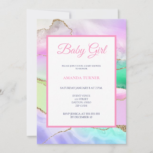 Pink Rainbow Agate Girl Baby Dusche Einladung (Vorderseite)