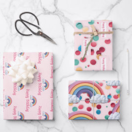 Pink Rainbow and Confetti First Birthday Geschenkpapier Set