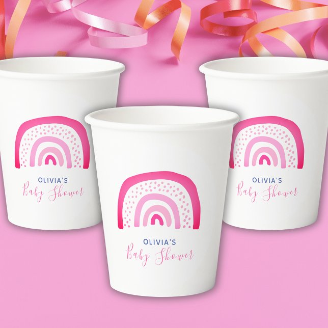 Pink Rainbow Baby Girl Dusche Pappbecher (Modern pink baby shower paper party cups. Matching items available. Customizable text.)