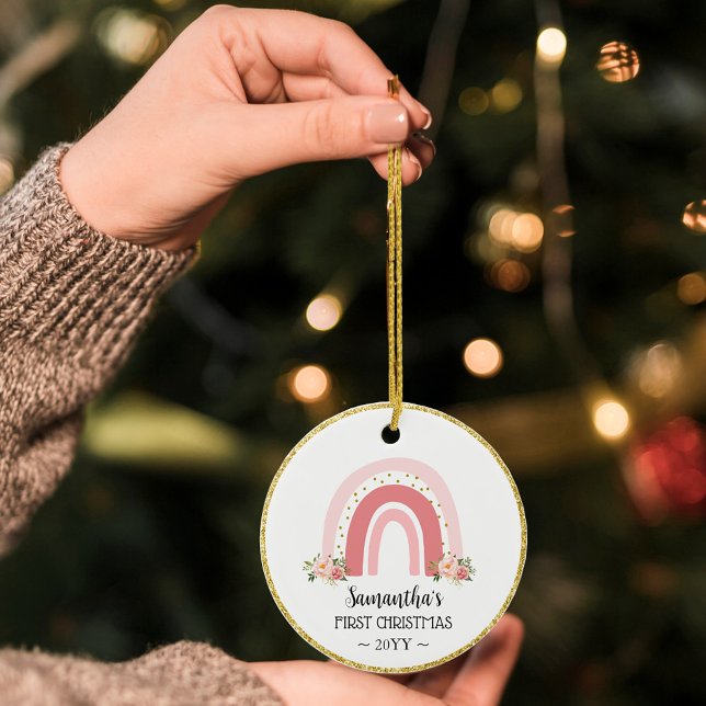 Pink Rainbow Baby's First Christmas mit Foto Keramik Ornament (Pink Rainbow Baby's First Christmas with photo Ceramic Ornament)