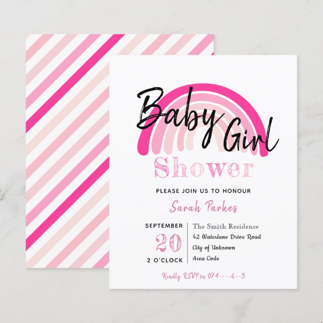 Pink Rainbow Girl Baby Dusche Budget Einladung (Vorne/Hinten)