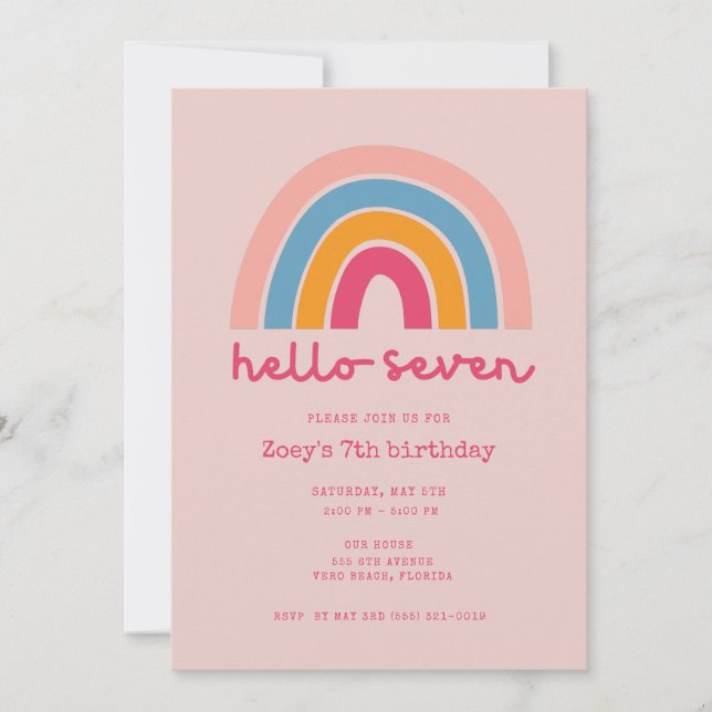 Pink Rainbow Hello Seven Girl 7th Birthday Party Einladung (Vorderseite)
