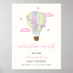 Pink Rainbow Hot Air Ballon Babydusche Willkommen Poster
