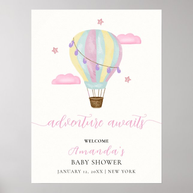 Pink Rainbow Hot Air Ballon Babydusche Willkommen Poster (Vorne)