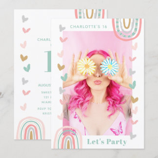 Pink Rainbow Sweet 16 Modern Boho Birthday Party Einladung