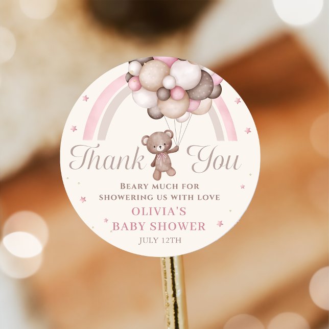 Pink Rainbow Teddy Bear Balloon Babydusche Runder Aufkleber (Von Creator hochgeladen)
