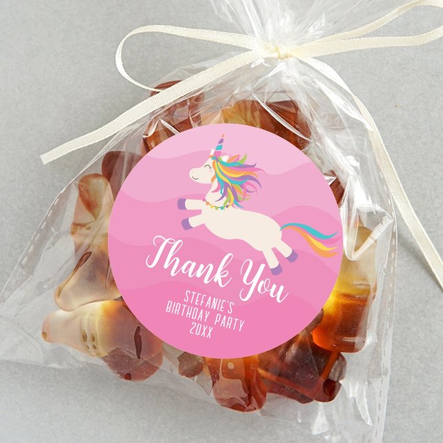 Pink Rainbow Unicorn Girl Birthday Party Danke Runder Aufkleber (Von Creator hochgeladen)