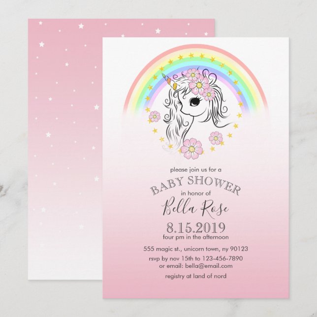 Pink Rainbow Unicorn Kinderdusche laden Einladung (Vorne/Hinten)