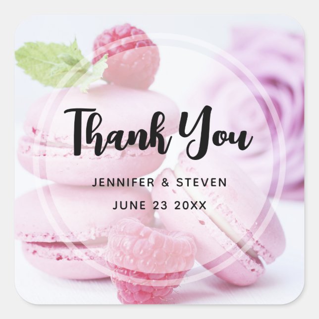 Pink Raspberry Macarons Französisch Konditorei Vie Quadratischer Aufkleber (Vorderseite)