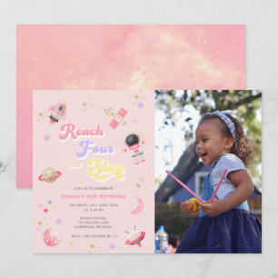 Pink Reach Four the Stars 4th Birthday Invitation