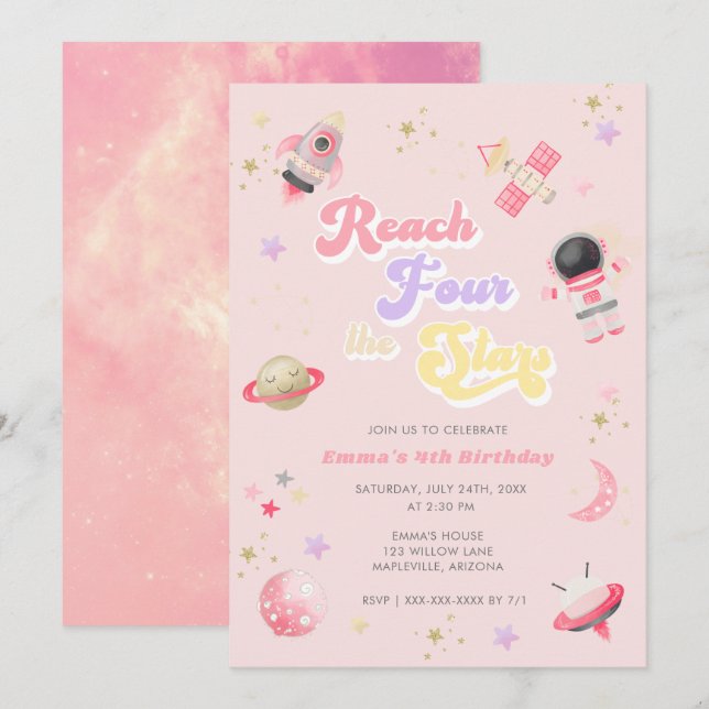 Pink Reach Four the Stars 4th Birthday Invitation (Devant / Derrière)