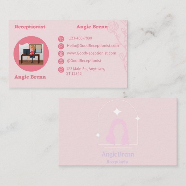Pink Receptionist Business Card doppelseitig Visitenkarte (Vorne/Hinten)