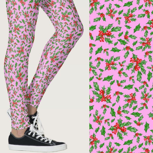 Pink, red, and green holly Christmas Patterned Leggings (Von Creator hochgeladen)