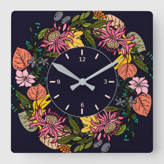 Pink red and yellow aster flower wreath chalkboard quadratische wanduhr